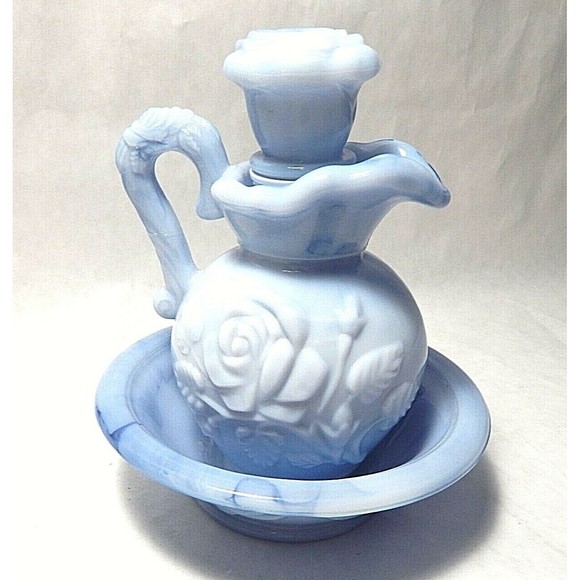 Avon Victoriana Pitcher and Bowl Set Blue Marbleized - Picture 1 of 11